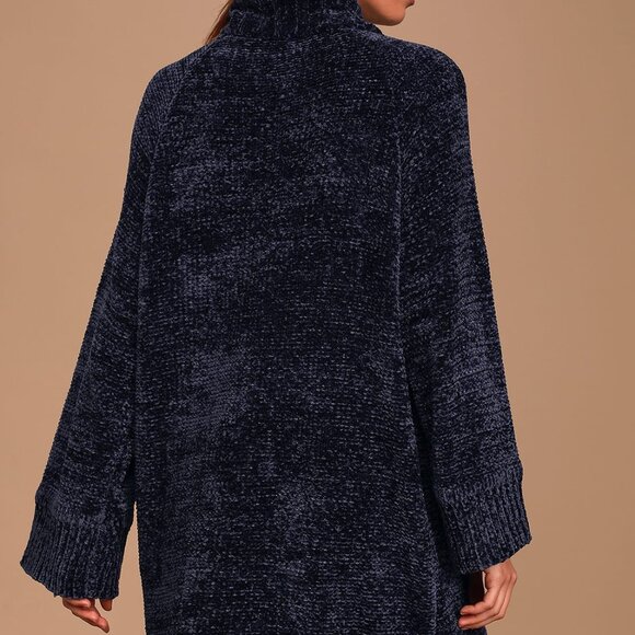 Lulus Chenille Feels Navy Blue Knit Turtleneck Sweater Dress, Size L - Picture 3 of 5